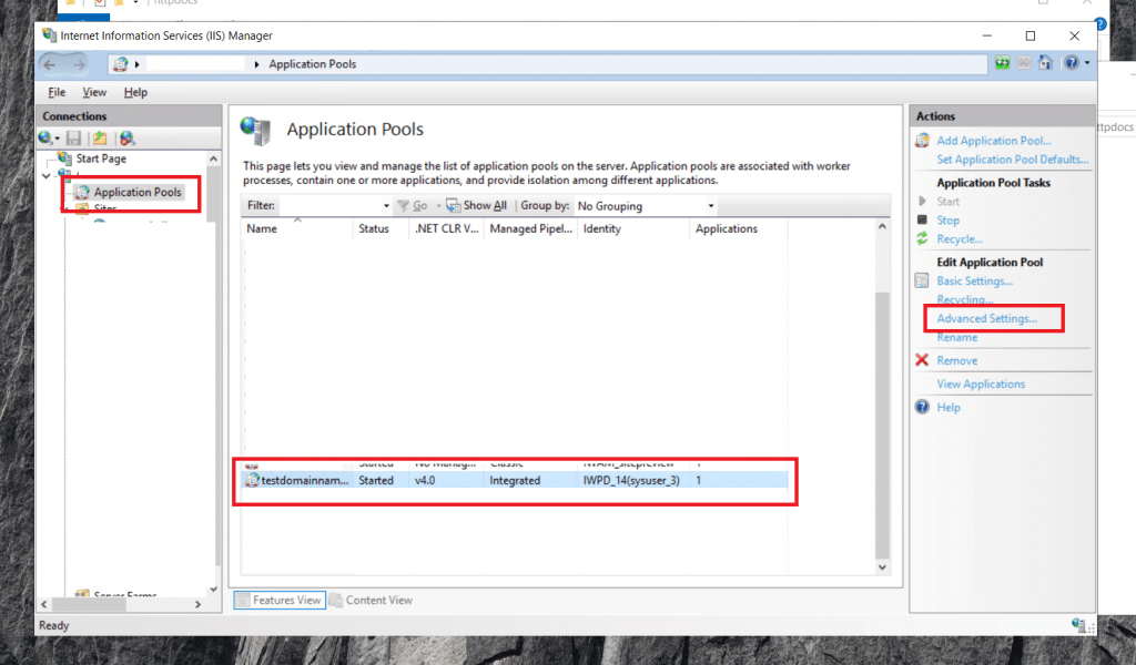 IIS Manager on the Application Pools pane
